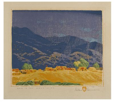 Gustave Baumann, Rain in the Mountains, 1925, color woodcut, 9 5/8 x 11 1/4 in. Collection of the New Mexico Museum of Art. Museum purchase with funds raised by the School of American Research, 1952 (1153.23G) New Mexico Museum of Art. Photo by Blair Cla