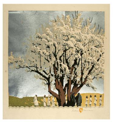Gustave Baumann, Procession, 1930, color woodcut with aluminum leaf, 13 x 12 3/4 in. Collection of the New Mexico Museum of Art. Museum purchase with funds raised by the School of American Research, 1952 (964.23G)  New Mexico Museum of Art. Photograph by