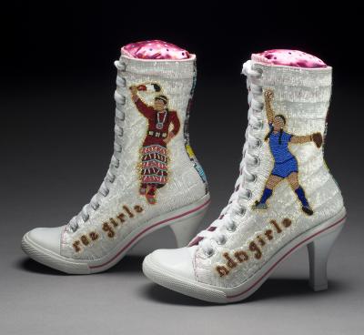ndn girlz / rez girlz, 2009  Teri Greeves (b. 1970, Kiowa nation)  High-heeled canvas sneakers, glass beads  10 x 9 x 3.5 in. (25.4 x 22.9 x 8.9 cm.)  New Mexico Arts, Art in Public Places Permanent Collection  Photograph by Dan Barsotti
