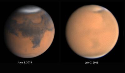These two images show Mars through a telescope before and after the dust storm. Courtesy Christophe Pellier