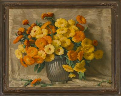 Joseph Henry Sharp, Marigold—Calendula, circa 1935, oil on canvas, 20 x 24 inches. Gift of Lore Thorpe in memory of Kathryn V. Thorpe, 2018 