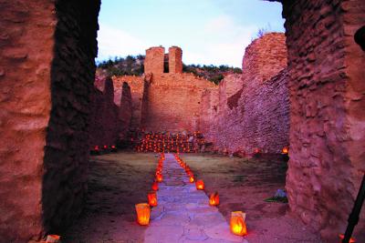 San José de los Jemez Mission Church are decorated with hundreds of traditional farolitos. Image: Courtesy NM Department of Cultural Affairs.