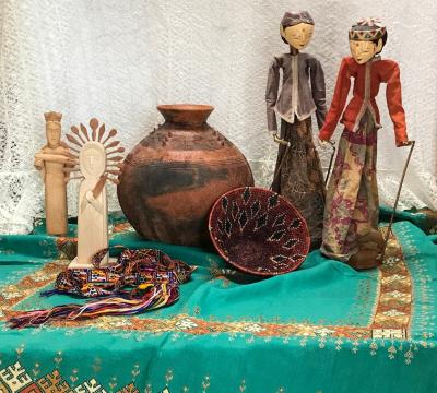 A sampling of items from around the world being offered at the 2022 Folk Art Flea--from New Mexico to Indonesia