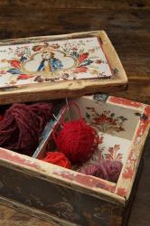 Sewing box and cover with cochineal dyed wool yarn (detail)