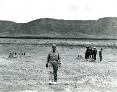 General Leslie Groves walks across the Trinity Site in September 1945, 45 days after the first nuclear bomb was tested there. Courtesy: Historical AP News Features Photo