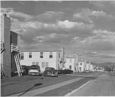  File name:  Dormitories at Los Alamos Scientific Laboratory, Los Alamos, New Mexico  People/Object shown in image: Negative Number  056389                Brief description:  Dormitories at Los Alamos Scientific Laboratory, Los Alamos, New Mexico  Photogr