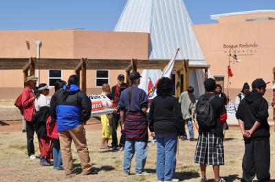   Participants in The Longest Walk 3 (2011) pray over the Bosque Redondo Memorial for the health of Navajo and Mescalero Apache to increase awareness of Type II diabetes, a post-contact disease. Courtesy: NM Historic Sites