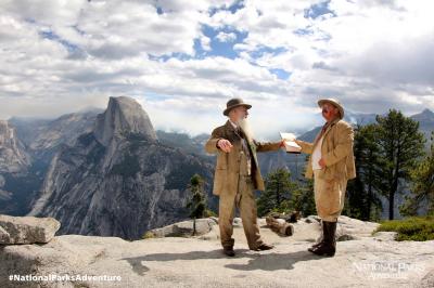 John Muir and President Theodore Roosevelt in Yosemite Reenactment of John Muir and President Teddy Roosevelts camping trip in Yosemite Valley to discuss the future of a National Park system. Courtesy of MacGillivray Freeman Films. Photographer: Barbara 