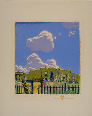 Gustave Baumann, Summer Clouds, 1925 (subsequent edition 1956), color woodcut, 10 3/4 × 9 5/8 in. Collection of the New Mexico Museum of Art. Museum purchase with funds raised by the School of American Research, 1952 (928.23G) Photo by Blair Clark © New M