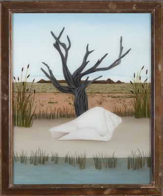 Rebecca Salsbury (Strand) James, Earth and Water, 1950, reverse oil on glass, 19 3/4 x 16 in. Collection of the New Mexico Museum of Art. Bequest of Helen Miller Jones, 1986 (1986.137.11) Photo by Blair Clark