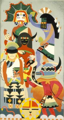 Kachinas from Palulukonti, color sketch for an overmantel, 1927. Casein tempera, 18 X 10. Collection of Mr. and Mrs. James D. Lea, Houston.