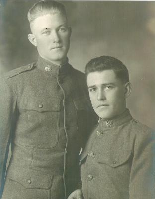 John Brockman (right) and a friend, ca. 1917, Camp Funston, KS, John Brockman (right), whose letters are highlighted in the exhibition, lived on a farm where his family grew corn, wheat and beans, when he was drafted as a private. He grew up in the small 