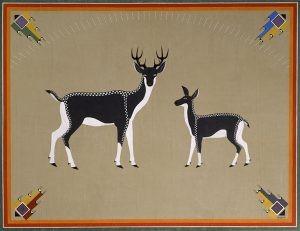 Two Deer by Awa Tsireh (Alfonso Roybal), San Ildefonso Pueblo, 1932 or 1933, oil on canvas, 65 3/4  85 1/4  1 3/4 in., catalog number SAR.1978-1-216