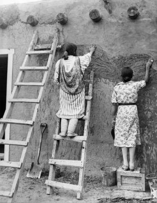 19-NMHM-We are the Rosies -Women plastering adobe home, Jemez Pueblo, New Mexico, 