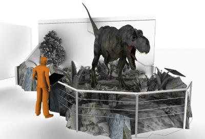 30-NMMNHS-Perspective rendering Dynamic Bisti Beast in New Mexico Museum of Natural History & Science atrium, 2019.